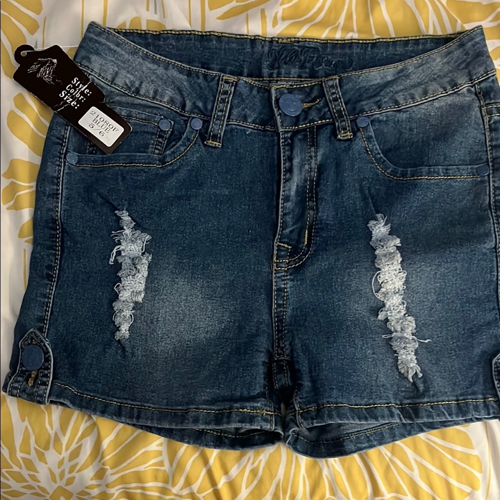 Blue Distressed Jean Shorts with Rolled Hem